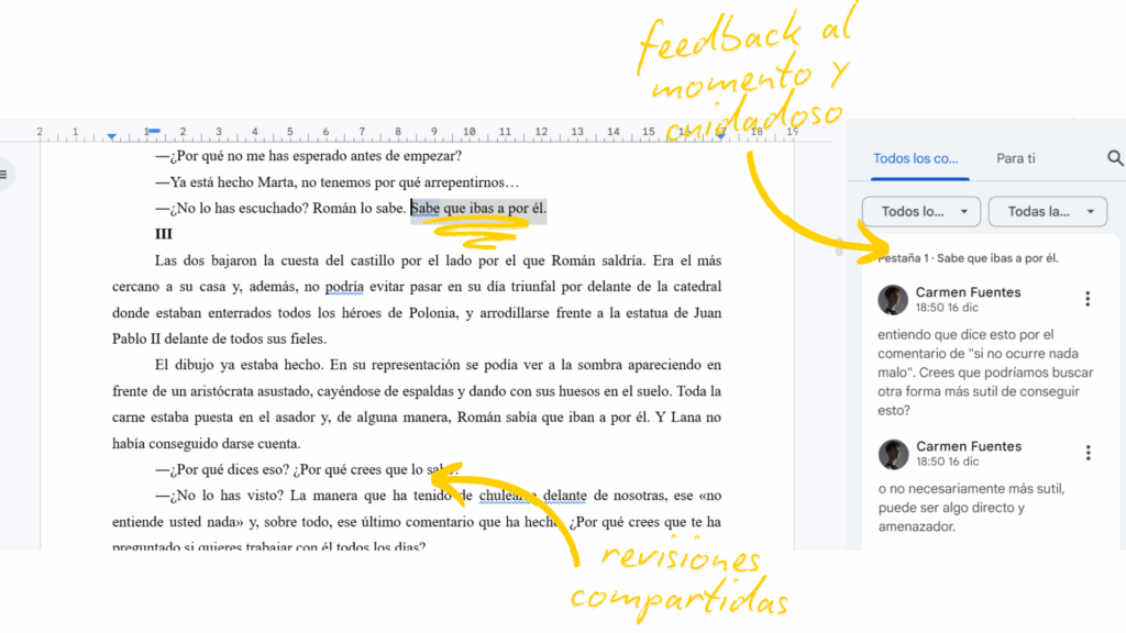 corrección de textos: un ejemplo de google drive con una corrección de textos. Escrito: feedback al momento y cuidadoso, revisiones compartidas
